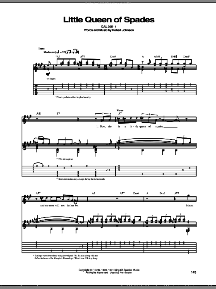 Little Queen Of Spades sheet music for guitar (tablature) by Robert Johnson, intermediate skill level