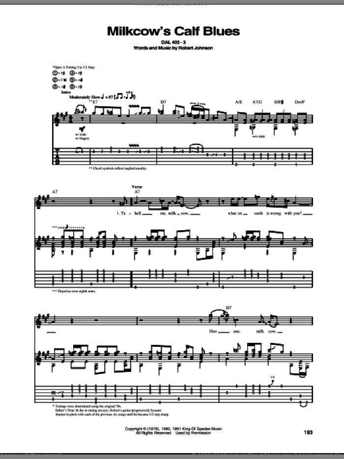 Milkcow's Calf Blues sheet music for guitar (tablature) by Robert Johnson, intermediate skill level