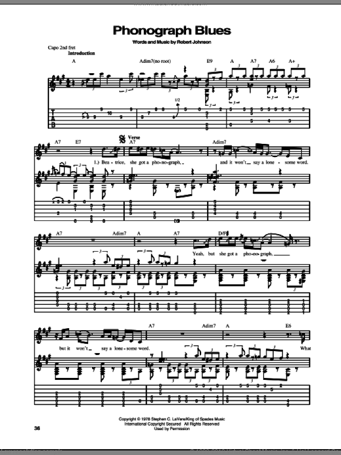 Phonograph Blues sheet music for guitar (tablature) by Robert Johnson, intermediate skill level