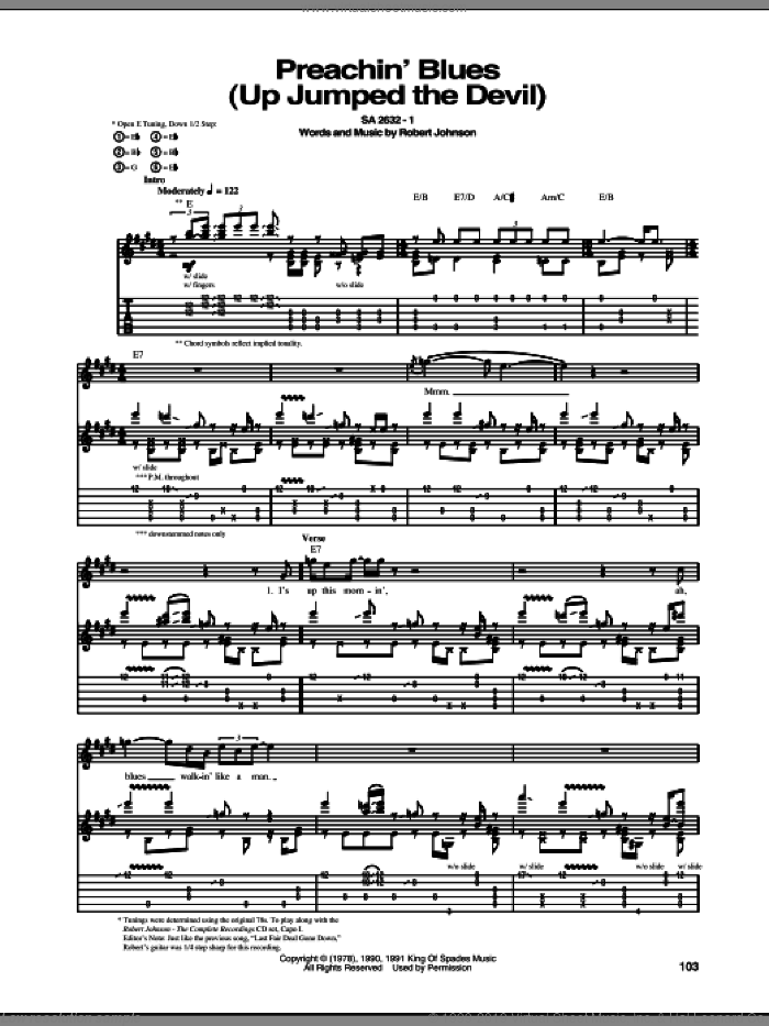 Preachin' Blues (Up Jumped The Devil) sheet music for guitar (tablature) by Robert Johnson, intermediate skill level