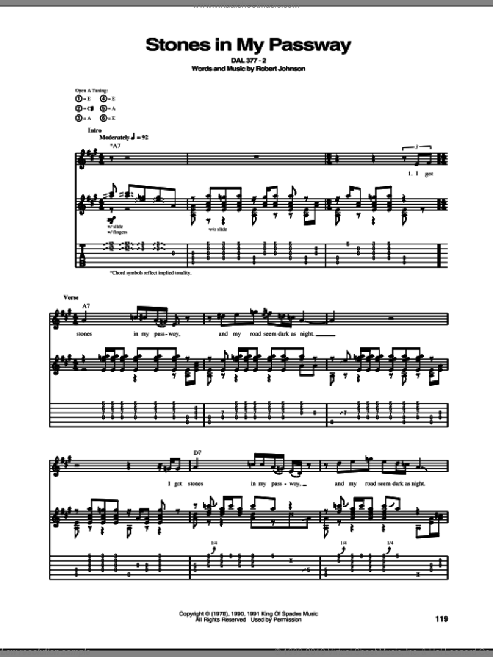 Stones In My Passway sheet music for guitar (tablature) by Robert Johnson, intermediate skill level
