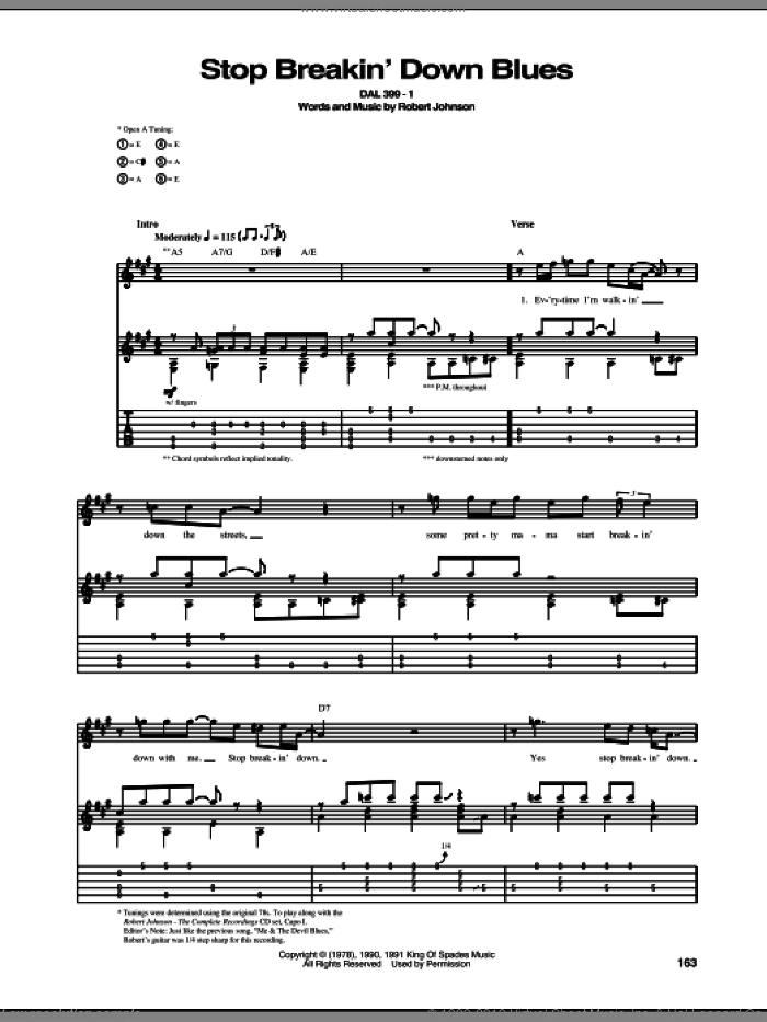 Stop Breakin' Down Blues sheet music for guitar (tablature) by Robert Johnson, intermediate skill level