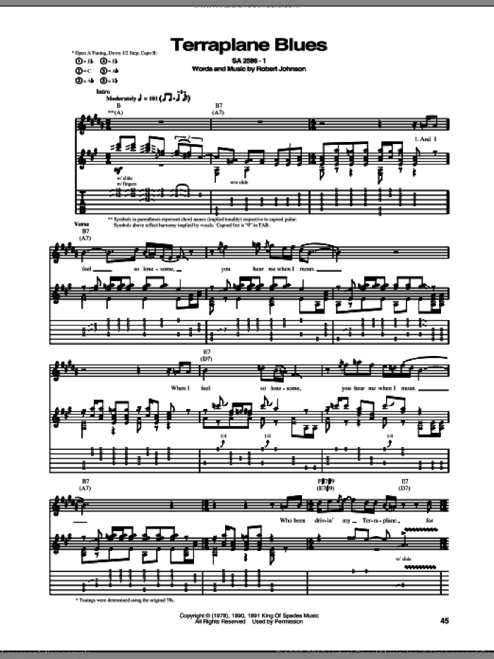 Terraplane Blues sheet music for guitar (tablature) by Robert Johnson, intermediate skill level
