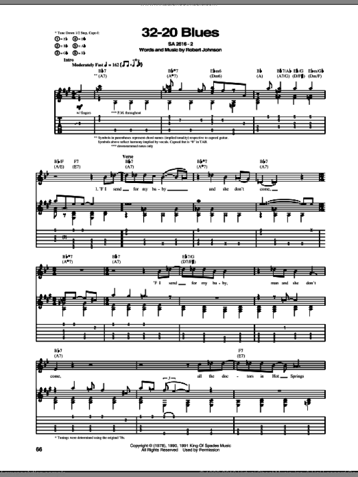 32-20 Blues sheet music for guitar (tablature) by Robert Johnson, intermediate skill level