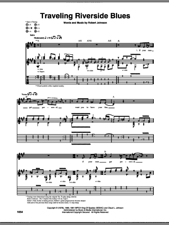 Traveling Riverside Blues sheet music for guitar (tablature) by Robert Johnson, intermediate skill level