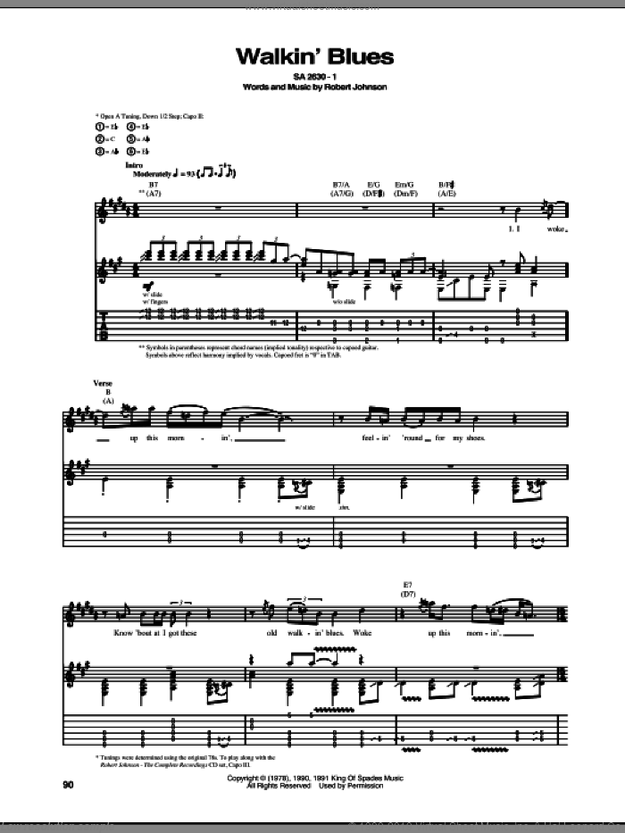 Walkin' Blues sheet music for guitar (tablature) by Robert Johnson, intermediate skill level