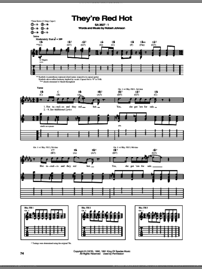 They're Red Hot sheet music for guitar (tablature) by Robert Johnson and Red Hot Chili Peppers, intermediate skill level