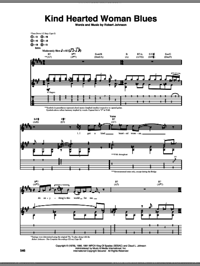 Kind Hearted Woman Blues sheet music for guitar (tablature) by Robert Johnson, intermediate skill level