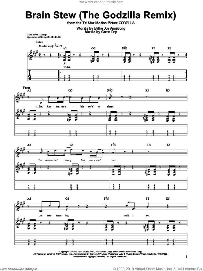 Brain Stew (The Godzilla Remix) sheet music for guitar (tablature, play-along) by Green Day and Billie Joe Armstrong, intermediate skill level