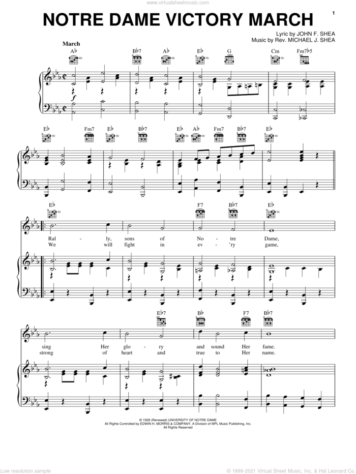 Notre Dame Victory March sheet music for voice, piano or guitar by Shea & Shea, John F. Shea and Rev. Michael J. Shea, intermediate skill level