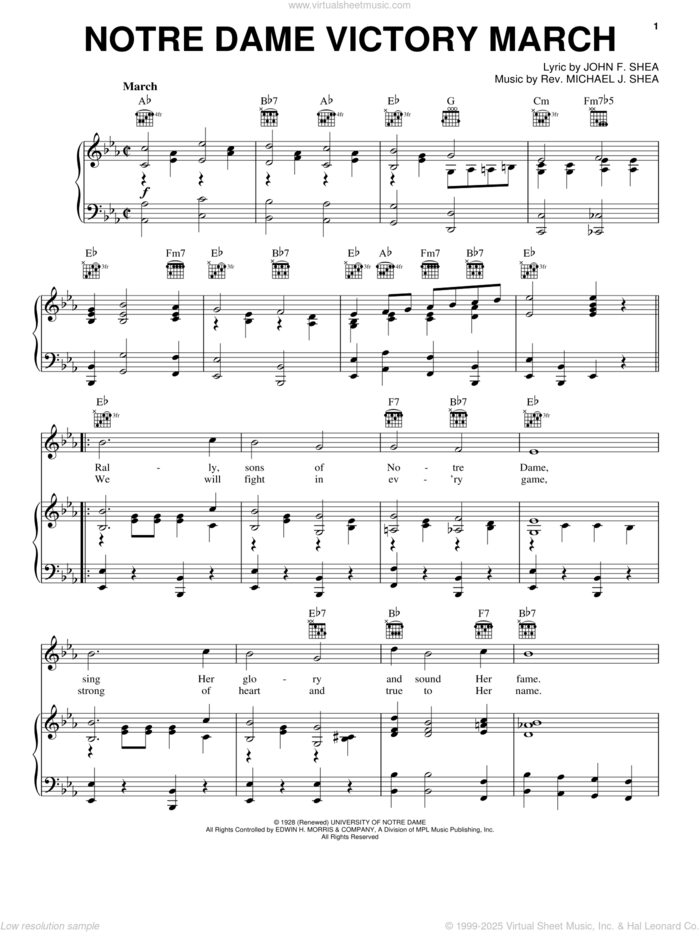 Notre Dame Victory March sheet music for voice, piano or guitar by Shea & Shea, John F. Shea and Rev. Michael J. Shea, intermediate skill level