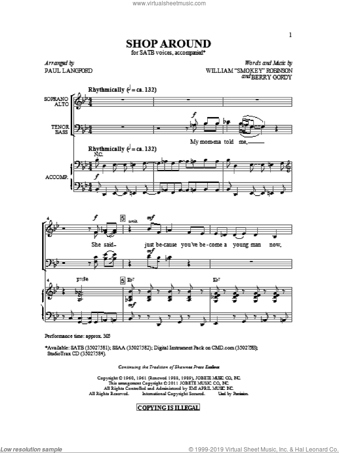 Shop Around sheet music for choir (SATB: soprano, alto, tenor, bass) by William 'Smokey' Robinson, Berry Gordy, Captain & Tennille and Paul Langford, intermediate skill level