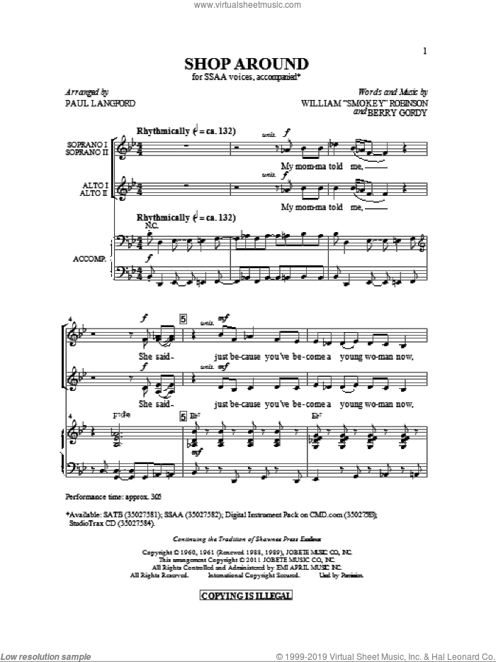 Shop Around sheet music for choir (SSA: soprano, alto) by William 'Smokey' Robinson, Berry Gordy, Captain & Tennille and Paul Langford, intermediate skill level