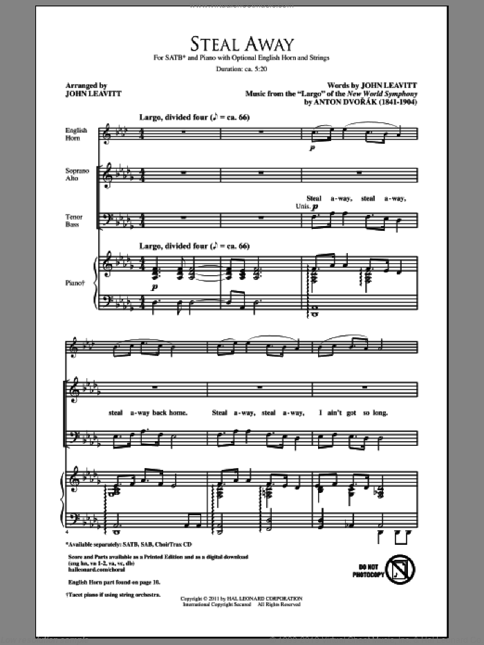 Steal Away (Steal Away To Jesus) sheet music for choir (SATB: soprano, alto, tenor, bass) by Antonin Dvorak and John Leavitt, intermediate skill level