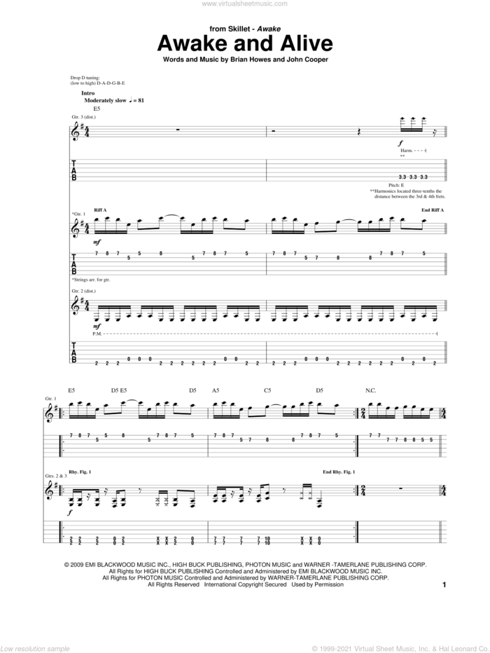 Awake And Alive sheet music for guitar (tablature) by Skillet, Miscellaneous, Brian Howes and John Cooper, intermediate skill level