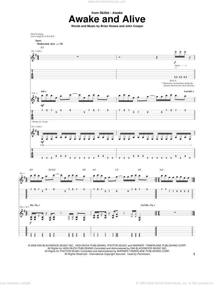 Awake And Alive sheet music for guitar (tablature) by Skillet, Miscellaneous, Brian Howes and John Cooper, intermediate skill level