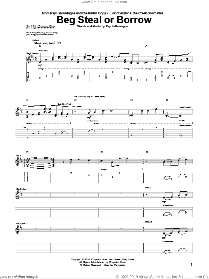 Beg Steal Or Borrow sheet music for guitar (tablature) by Ray LaMontagne and The Pariah Dogs and Ray LaMontagne, intermediate skill level