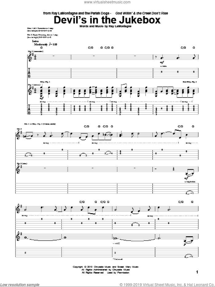 Devil's In The Jukebox sheet music for guitar (tablature) by Ray LaMontagne and The Pariah Dogs and Ray LaMontagne, intermediate skill level