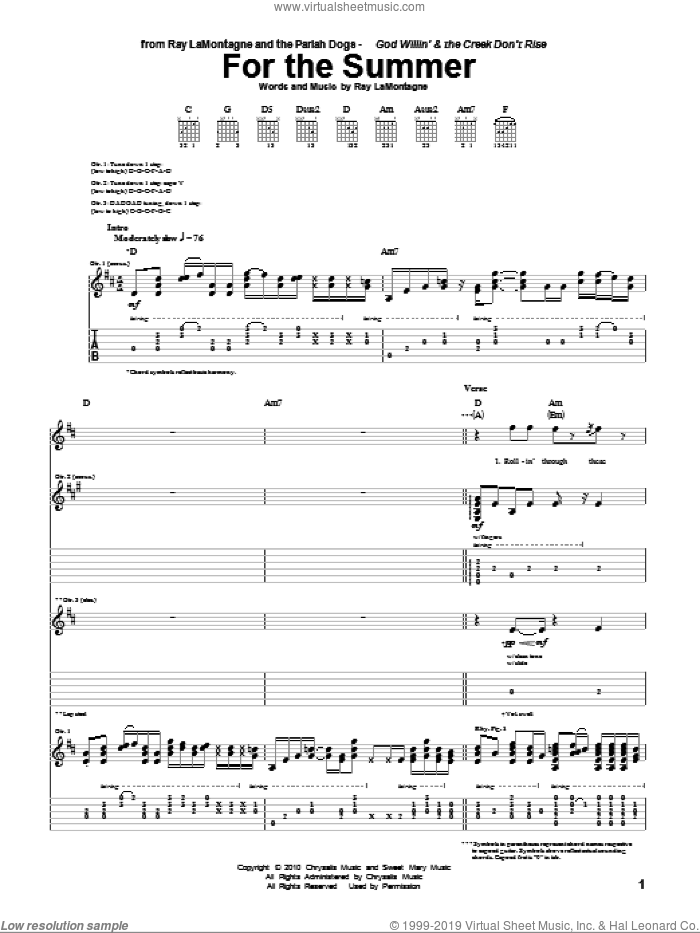 For The Summer sheet music for guitar (tablature) by Ray LaMontagne and The Pariah Dogs and Ray LaMontagne, intermediate skill level