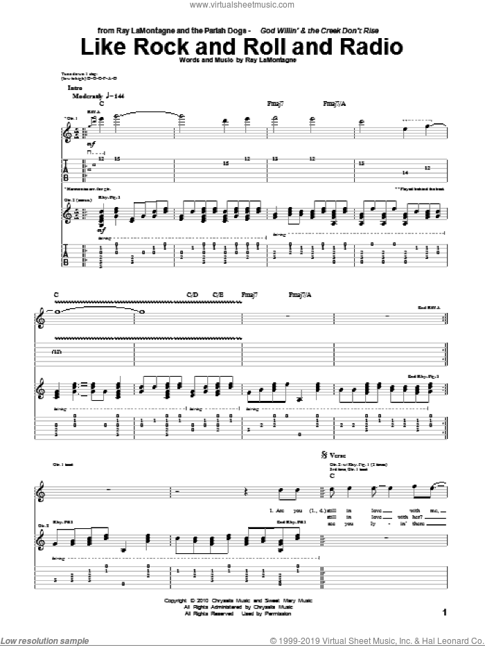 Like Rock And Roll And Radio sheet music for guitar (tablature) by Ray LaMontagne and The Pariah Dogs and Ray LaMontagne, intermediate skill level