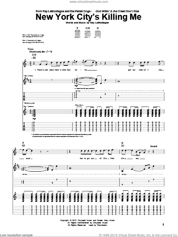 New York City's Killing Me sheet music for guitar (tablature) by Ray LaMontagne and The Pariah Dogs and Ray LaMontagne, intermediate skill level