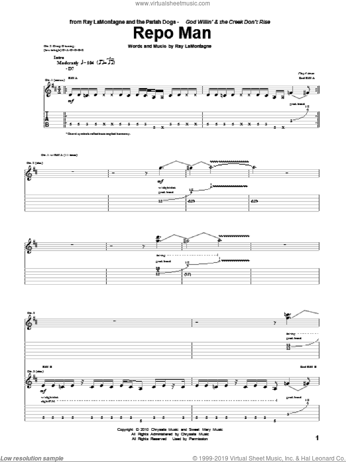 Repo Man sheet music for guitar (tablature) by Ray LaMontagne and The Pariah Dogs and Ray LaMontagne, intermediate skill level