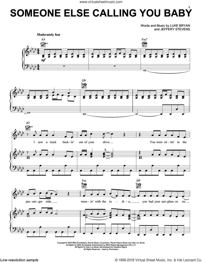 Someone Else Calling You Baby sheet music for voice, piano or guitar by Luke Bryan and Jeffery Stevens, intermediate skill level