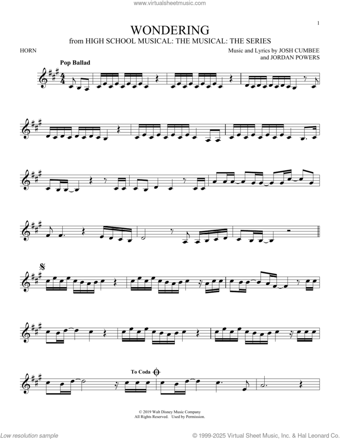 Wondering (from High School Musical: The Musical: The Series) sheet music for horn solo by Olivia Rodrigo & Julia Lester, Jordan Powers and Josh Cumbee, intermediate skill level