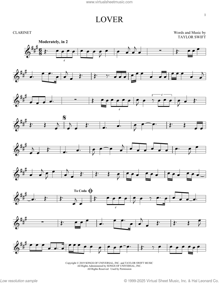 Lover sheet music for clarinet solo by Taylor Swift, intermediate skill level