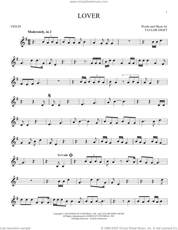 Lover sheet music for violin solo by Taylor Swift, intermediate skill level