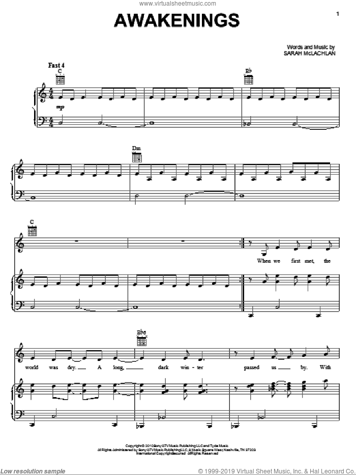 Awakenings sheet music for voice, piano or guitar by Sarah McLachlan, intermediate skill level