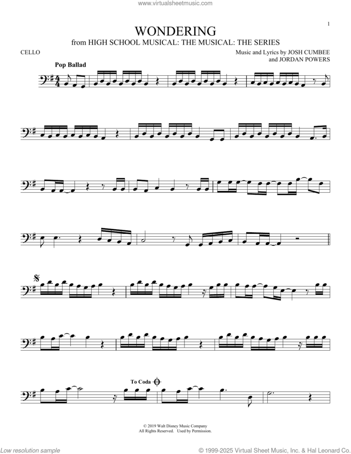 Wondering (from High School Musical: The Musical: The Series) sheet music for cello solo by Olivia Rodrigo & Julia Lester, Jordan Powers and Josh Cumbee, intermediate skill level
