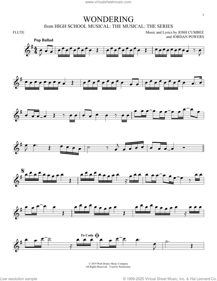 Wondering (from High School Musical: The Musical: The Series) sheet music for flute solo by Olivia Rodrigo & Julia Lester, Jordan Powers and Josh Cumbee, intermediate skill level