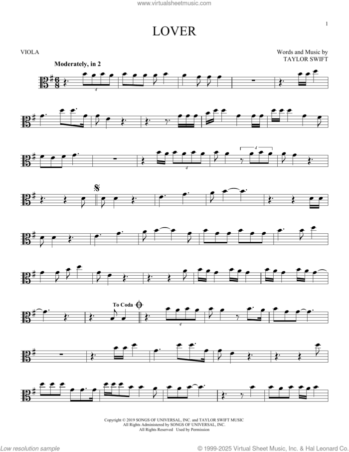 Lover sheet music for viola solo by Taylor Swift, intermediate skill level