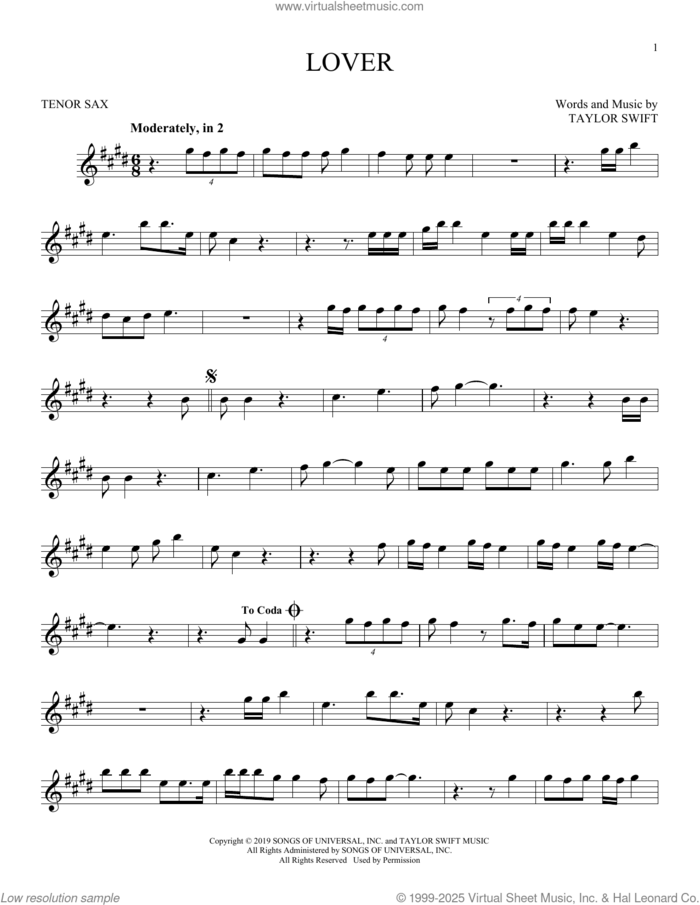 Lover sheet music for tenor saxophone solo by Taylor Swift, intermediate skill level