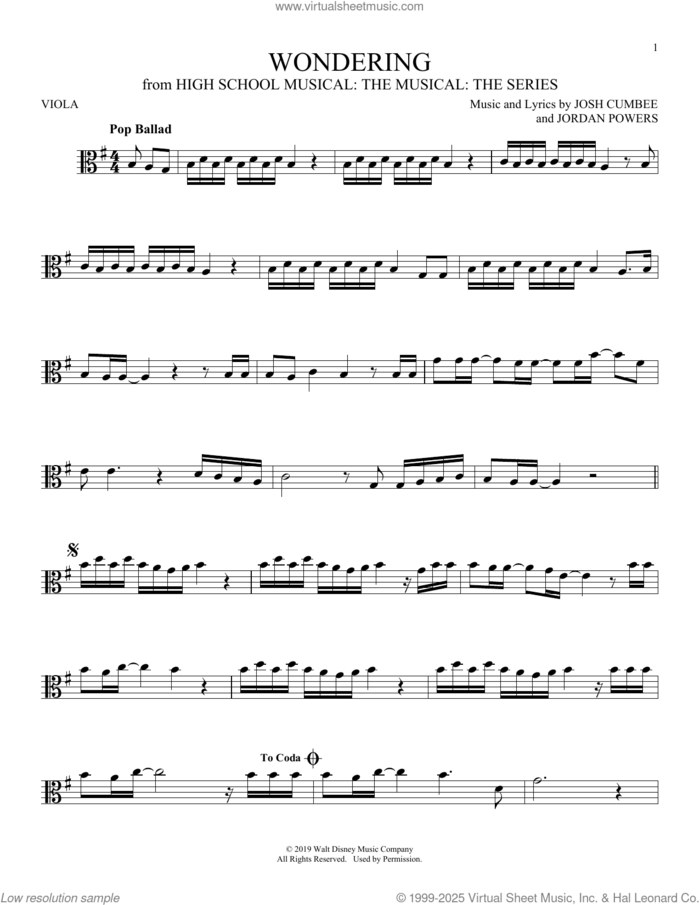 Wondering (from High School Musical: The Musical: The Series) sheet music for viola solo by Olivia Rodrigo & Julia Lester, Jordan Powers and Josh Cumbee, intermediate skill level