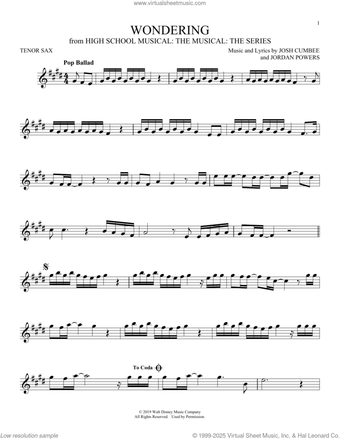 Wondering (from High School Musical: The Musical: The Series) sheet music for tenor saxophone solo by Olivia Rodrigo & Julia Lester, Jordan Powers and Josh Cumbee, intermediate skill level