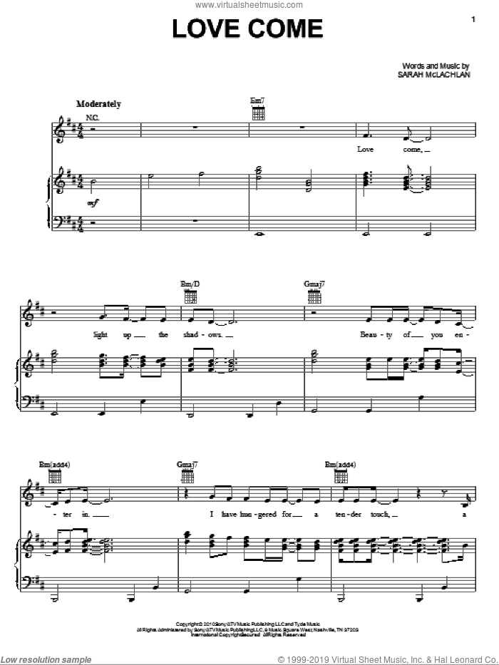 Love Come sheet music for voice, piano or guitar by Sarah McLachlan, intermediate skill level