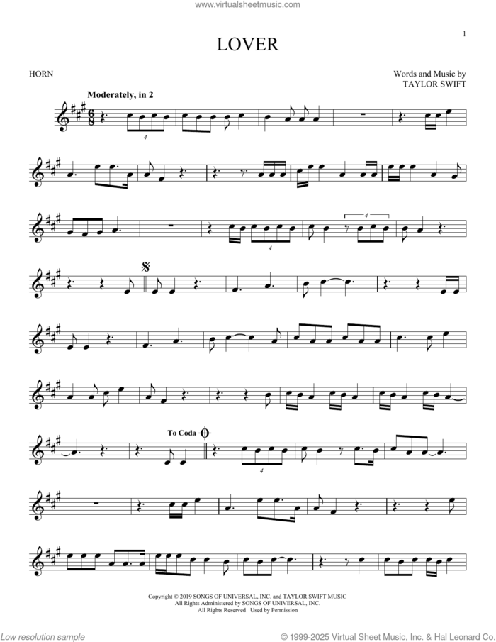 Lover sheet music for horn solo by Taylor Swift, intermediate skill level
