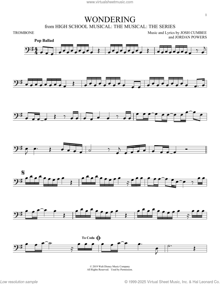 Wondering (from High School Musical: The Musical: The Series) sheet music for trombone solo by Olivia Rodrigo & Julia Lester, Jordan Powers and Josh Cumbee, intermediate skill level