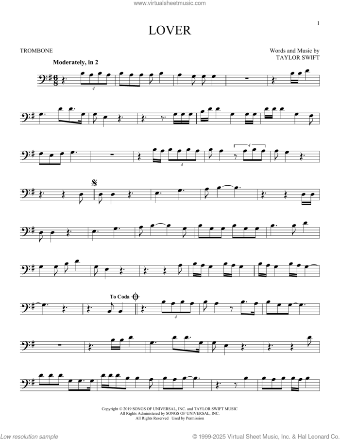Lover sheet music for trombone solo by Taylor Swift, intermediate skill level