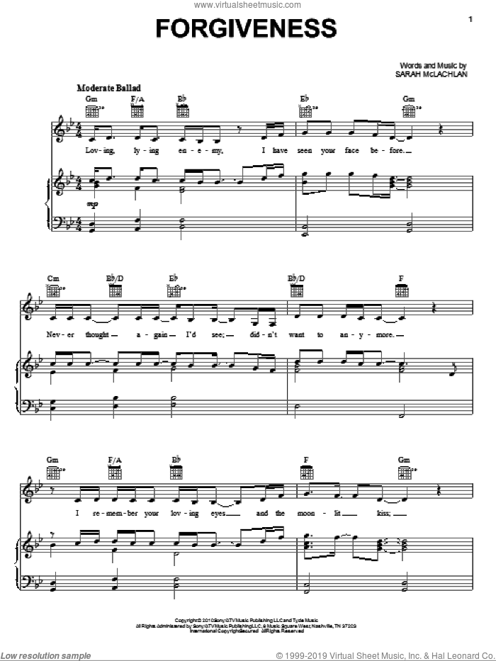 Forgiveness sheet music for voice, piano or guitar by Sarah McLachlan, intermediate skill level