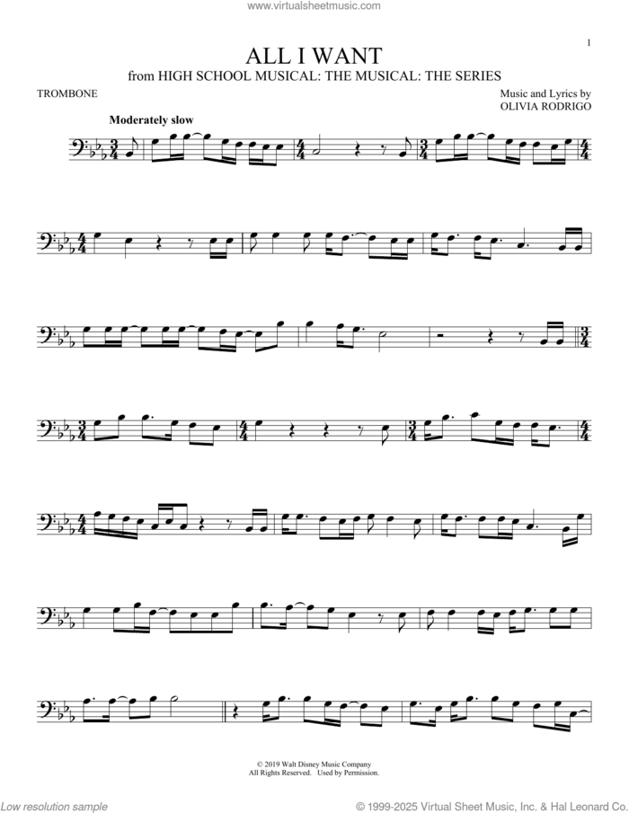 All I Want (from High School Musical: The Musical: The Series) sheet music for trombone solo by Olivia Rodrigo, intermediate skill level