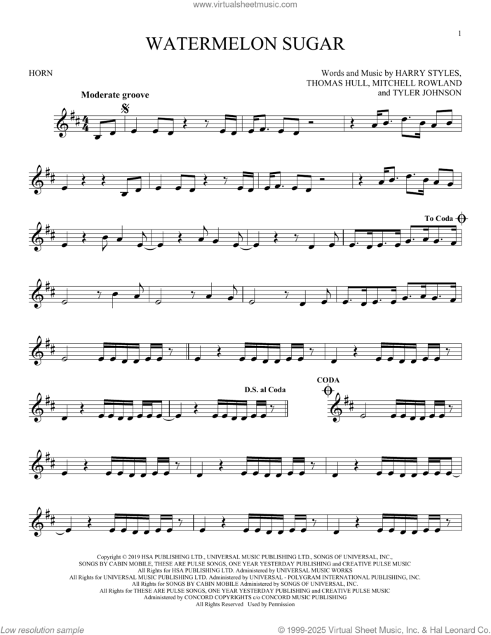 Watermelon Sugar sheet music for horn solo by Harry Styles, Mitchell Rowland, Tom Hull and Tyler Johnson, intermediate skill level