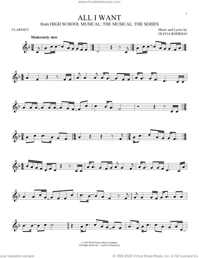 All I Want (from High School Musical: The Musical: The Series) sheet music for clarinet solo by Olivia Rodrigo, intermediate skill level
