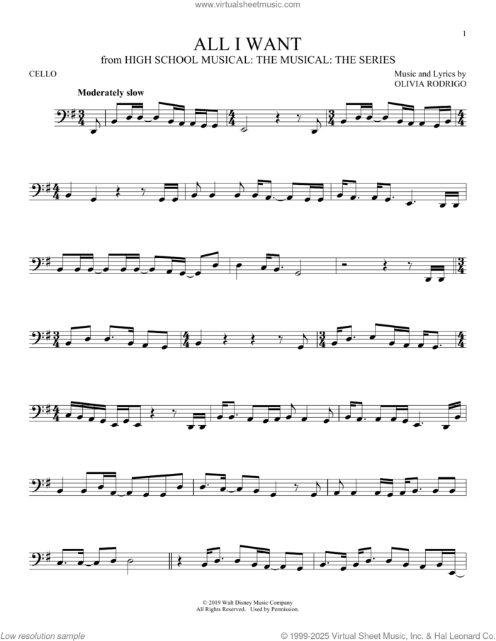 All I Want (from High School Musical: The Musical: The Series) sheet music for cello solo by Olivia Rodrigo, intermediate skill level
