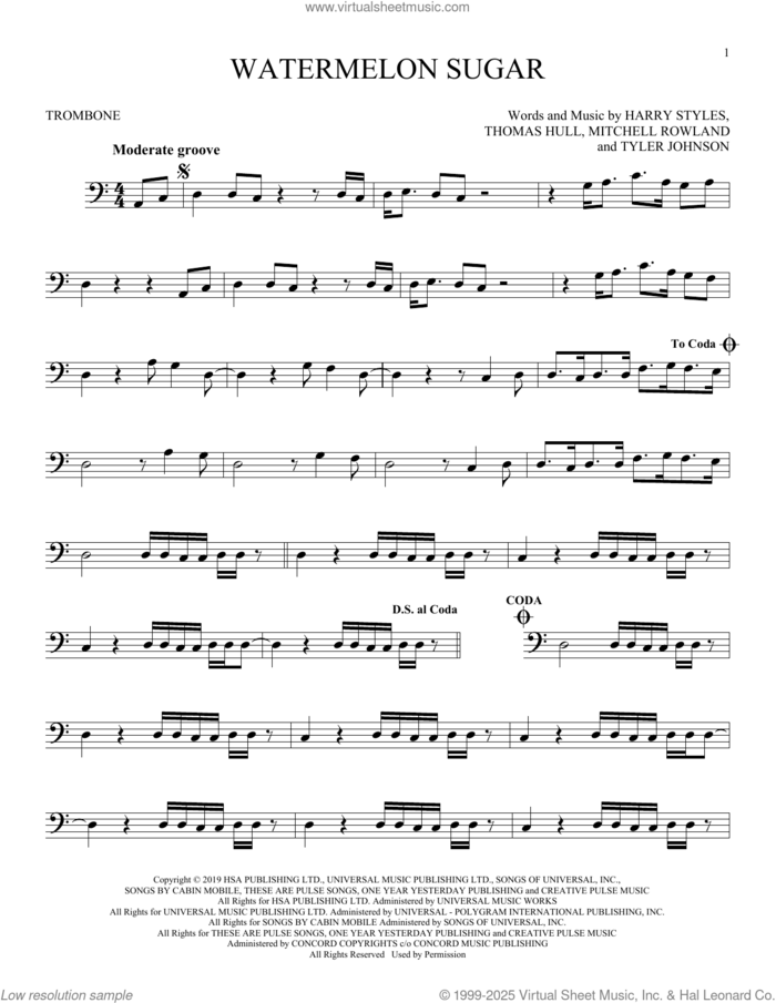 Watermelon Sugar sheet music for trombone solo by Harry Styles, Mitchell Rowland, Tom Hull and Tyler Johnson, intermediate skill level