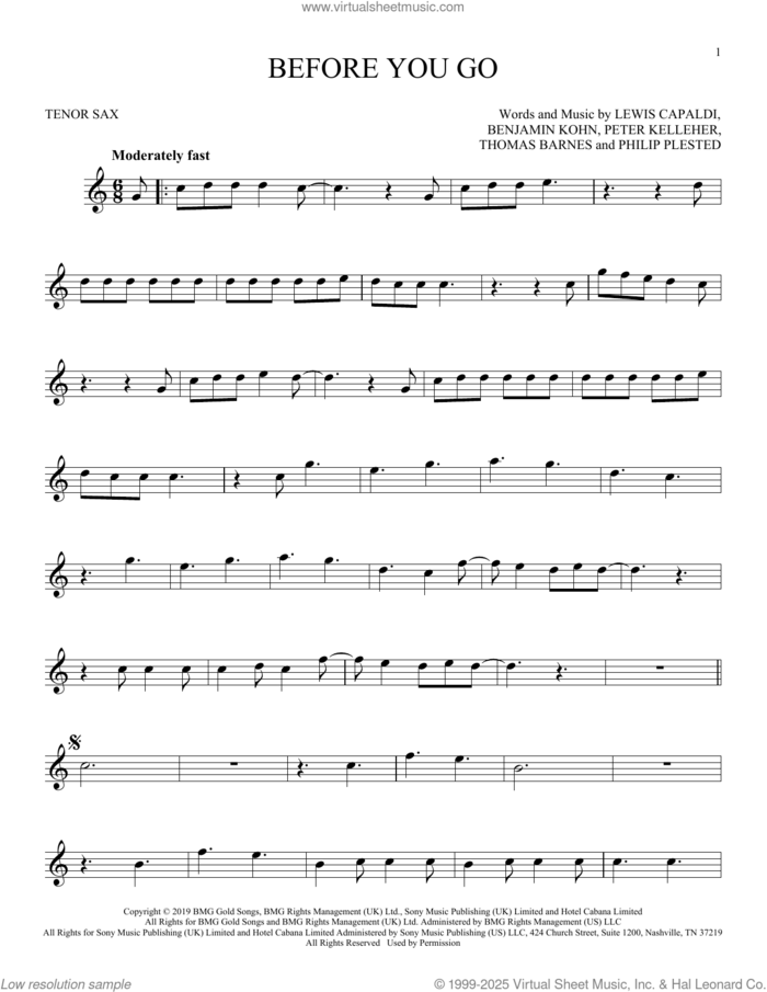 Before You Go sheet music for tenor saxophone solo by Lewis Capaldi, Benjamin Kohn, Peter Kelleher, Philip Plested and Thomas Barnes, intermediate skill level