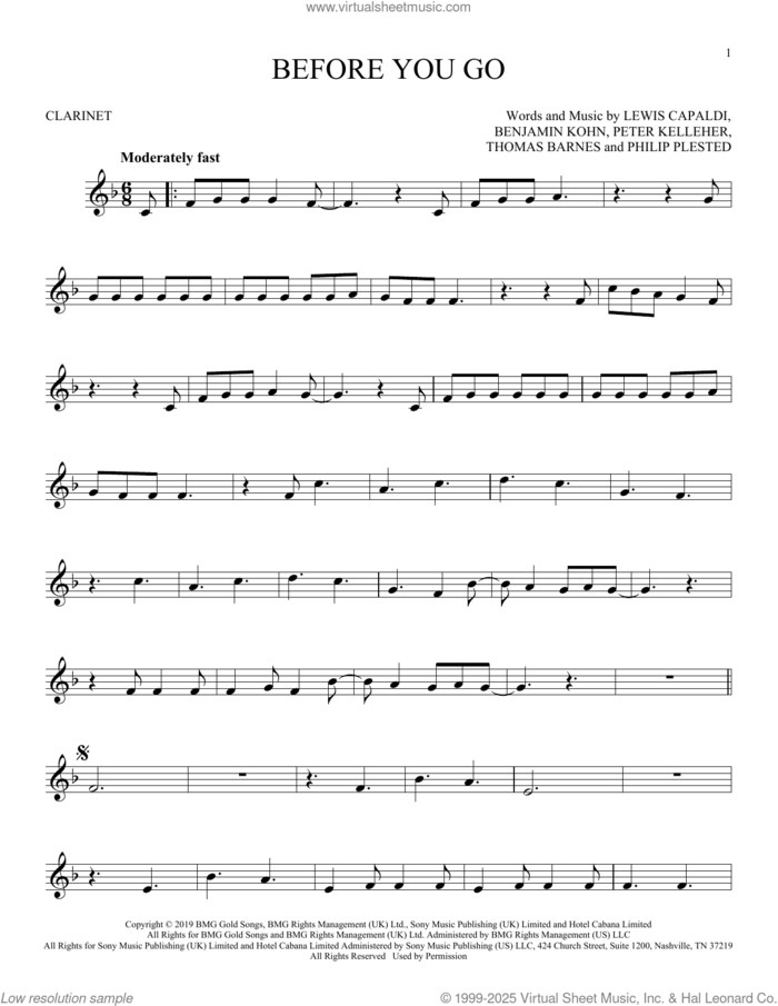 Before You Go sheet music for clarinet solo by Lewis Capaldi, Benjamin Kohn, Peter Kelleher, Philip Plested and Thomas Barnes, intermediate skill level