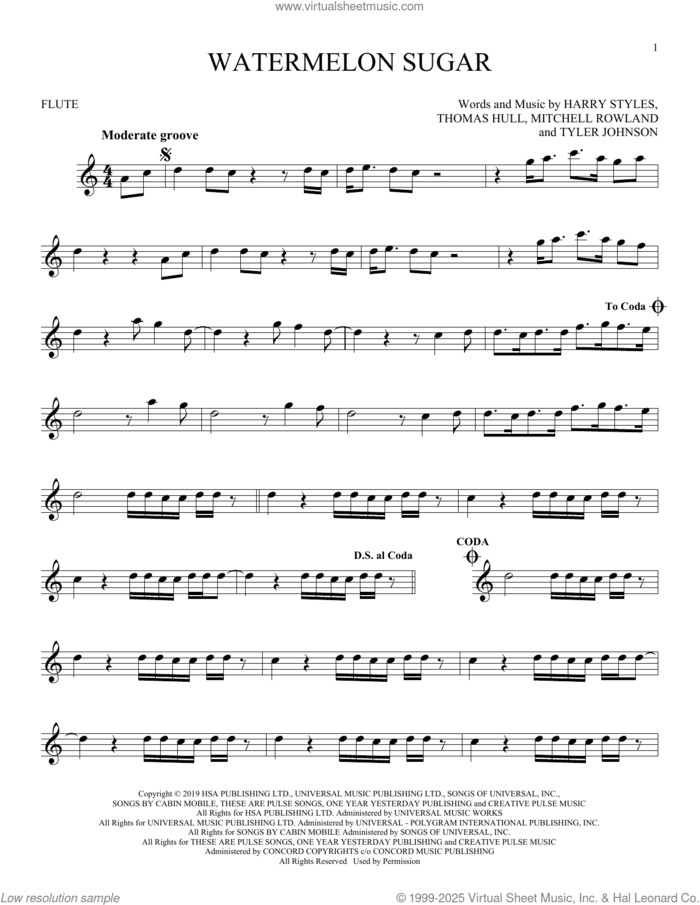 Watermelon Sugar sheet music for flute solo by Harry Styles, Mitchell Rowland, Tom Hull and Tyler Johnson, intermediate skill level